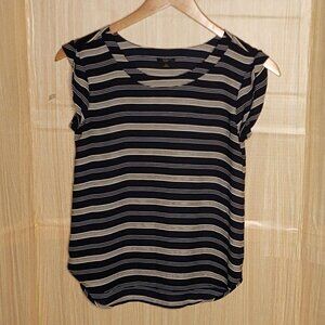 Ann Taylor Factory Petite Navy White Gold Striped Silky Blouse XS